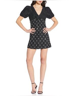 NWT Lucy Paris XS Samira Black Embellished Puff Sleeve Mini Dress V-Neck